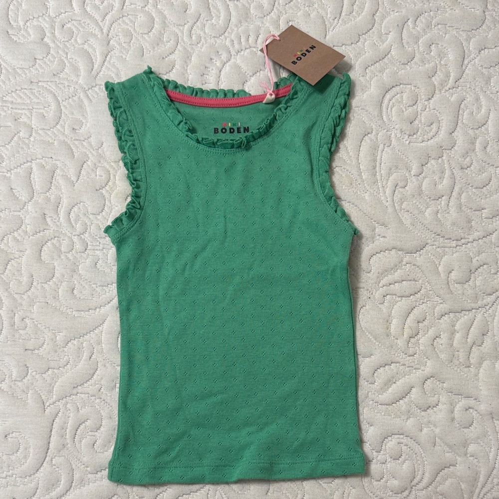 Mini Boden Girls' Green Eyelet Ruffle Tank Size 4/5 NWT